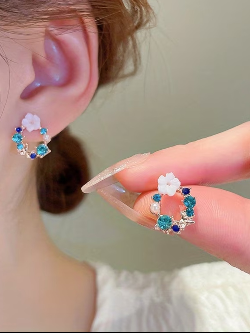 Delicate Blue Floral Hoop Earrings with White Blossom